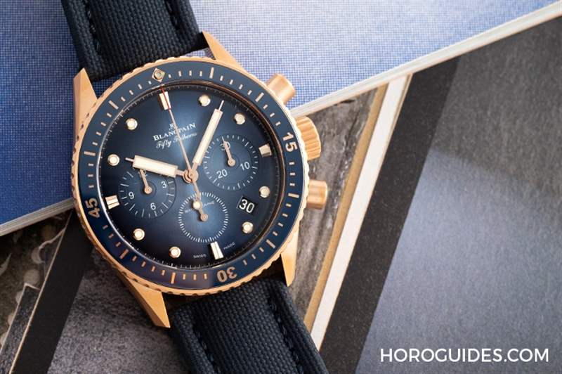 BLANCPAIN - 18K紅金藍(lán)面、23級(jí)鈦灰面，Blancpain五十噚深潛器飛返計(jì)時(shí)碼表兩款延伸新作