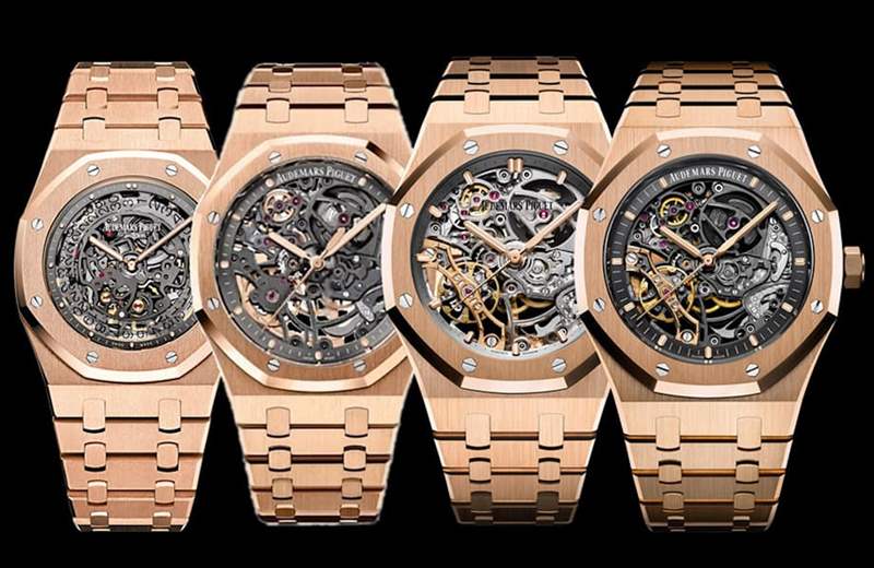 Watchanalytics挑出了四款現(xiàn)役或停產(chǎn)的皇家橡樹(shù)玫瑰金鏤空表觀察它們的行情發(fā)展。 （AUDEMARS PIGUET官網(wǎng)）